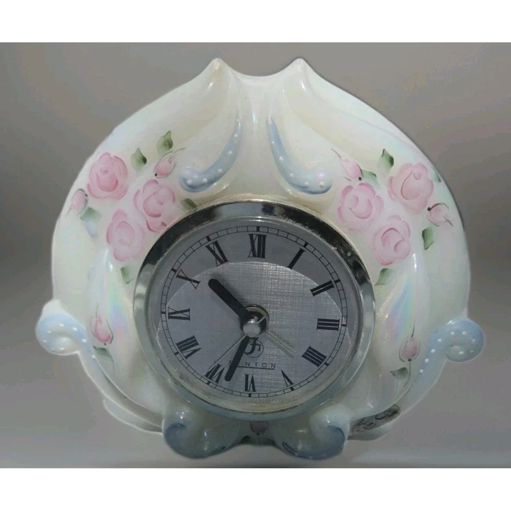 Fenton Hand Painted Floral Milk Glass Alarm Desk Clock Signed Hand Painted